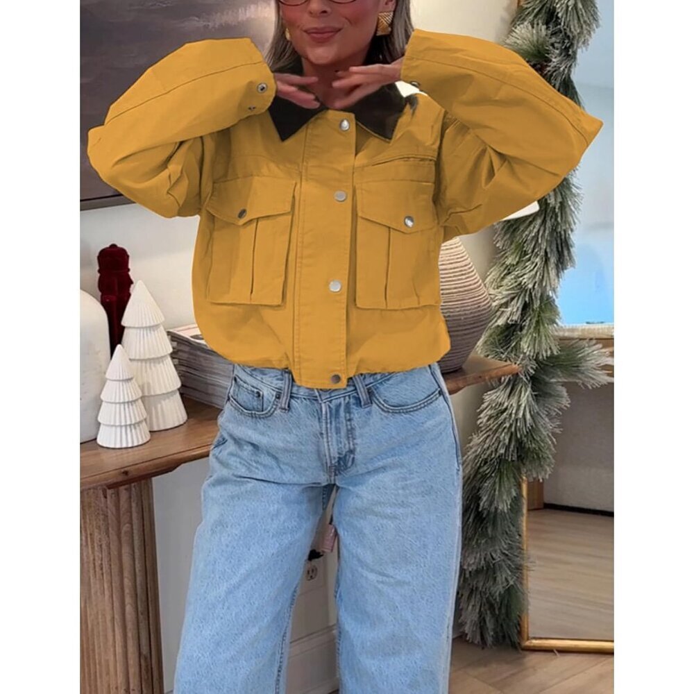 Women's Yellow Cropped Contrast Collar Utility Coat Cargo Jacket Imported - Picture 6 of 6